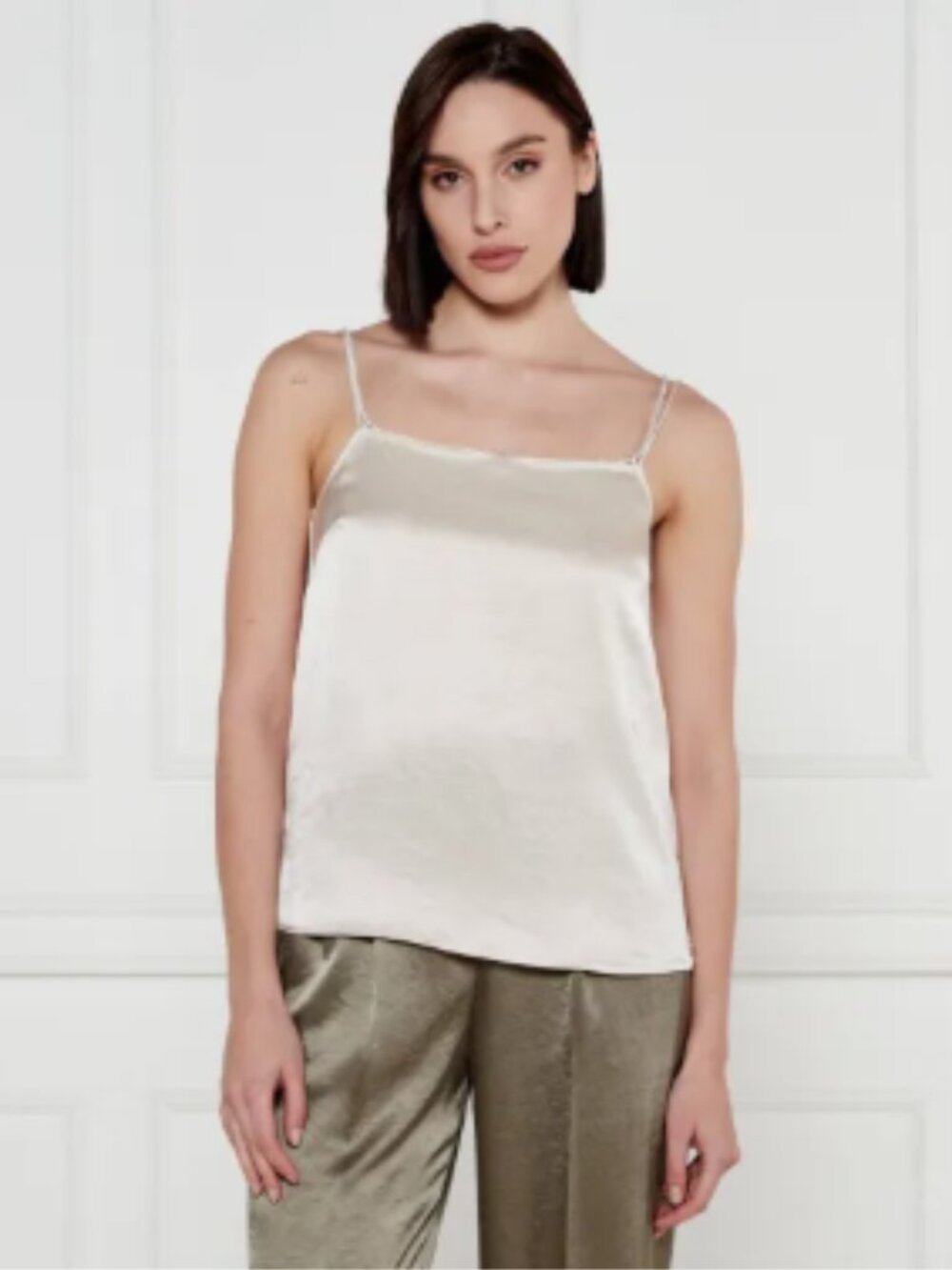 Marc Cain Satin Camisole Top Beige Shimmer Rhinestone Straps Sparkle NEW NWT 6